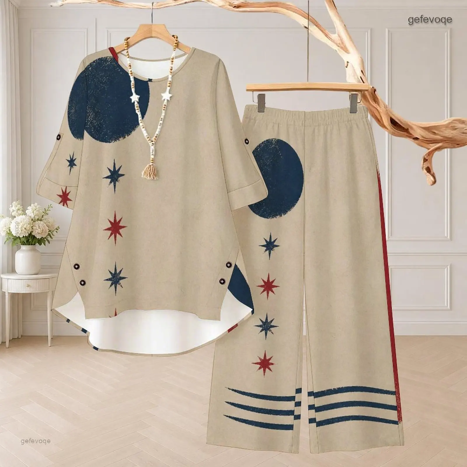 Women Women Beige Navy Circle Red Blue Star Printed Round Neck 3/4 Sleeve High Low Top Wide Leg Pants 2 Piece Set - Aliexpress Deal
