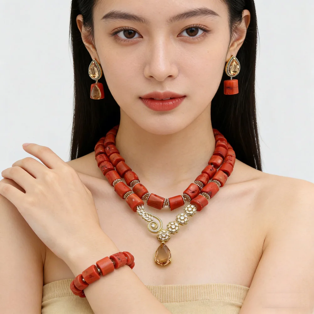 

Fashion Coral Necklace Set Big Beads Jewelry Sets for Bridal Wedding Bibs Choker African Nigeria Earrings Bracelet Party Gift