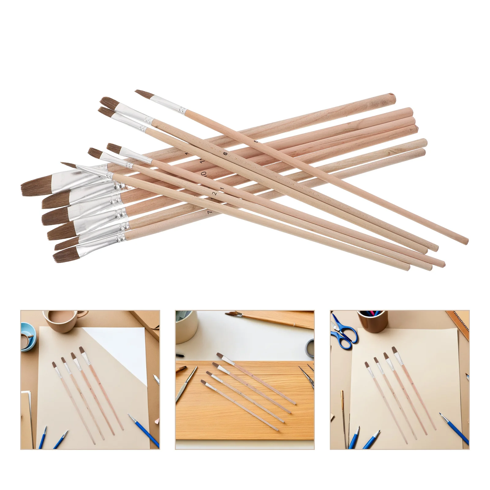 

12pcs Watercolor Paint Brush Set Flat Tip Wood Handle For Student Artists Portable Painting Tools For Canvas Oil Acrylics -