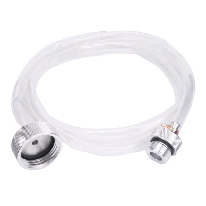 Transmission Fluid Filling Hose and Adapter Assembly with Threaded End, Visible Sealing Rings, Knurled Collar, and Clamped