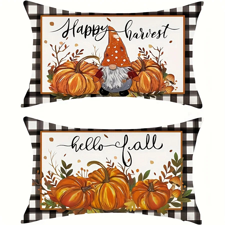 2D FLAT-2pcs Fall Gnome Pumpkin Harvest Pillow Covers Pillowcase sofa cushion cover family bedroom room decoration