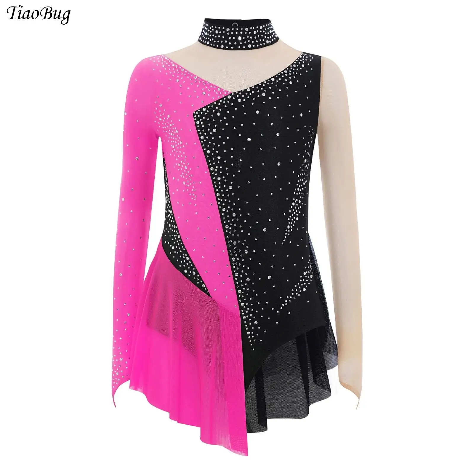 

Girls Sparkly Rhinestone Figure Skating Leotard Dress Long Sleeve Sheer Mesh Ballet Rhythmic Gymnastics Dance Bodysuit Costumes