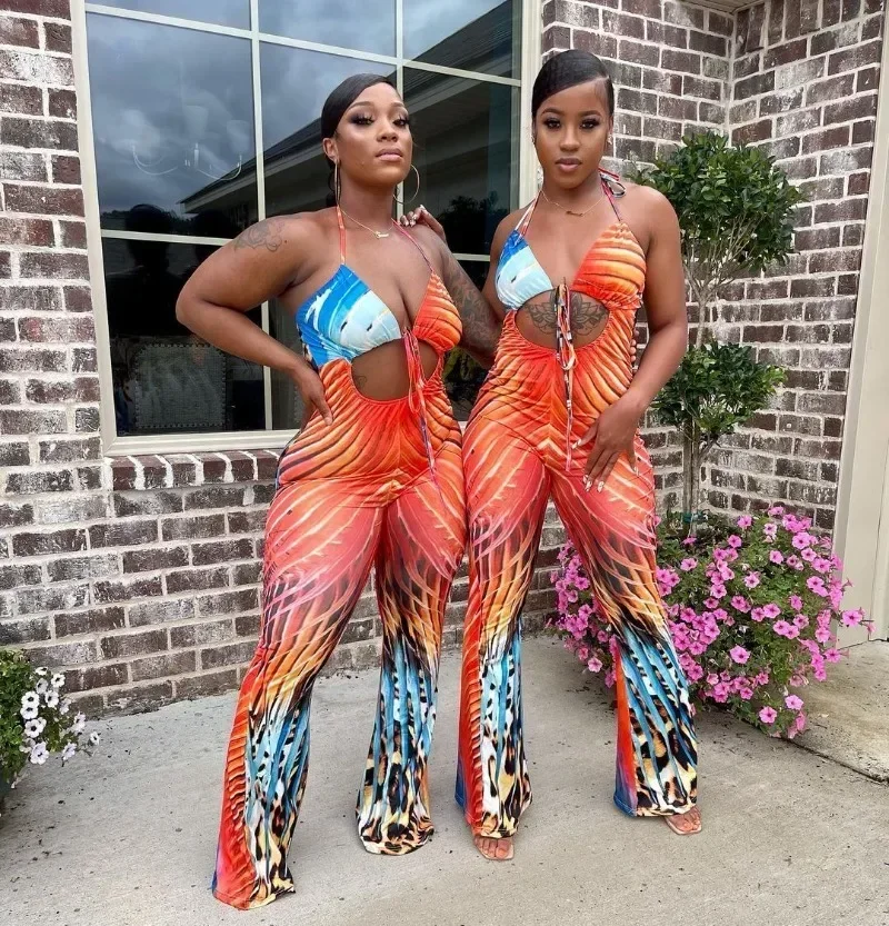 

GUWU Fashion Women Halter Deep V-neck Bowknot Cutout Front Printed Jumpsuit Streetwear Chic Playsuit One Piece Suit Romper