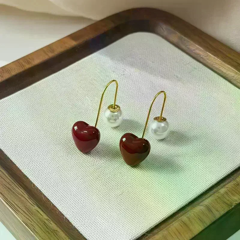 Red Heart Korean Beads Earrings for Women Sweet Romantic Jewelry Unique Accessories for Club Night Outfit