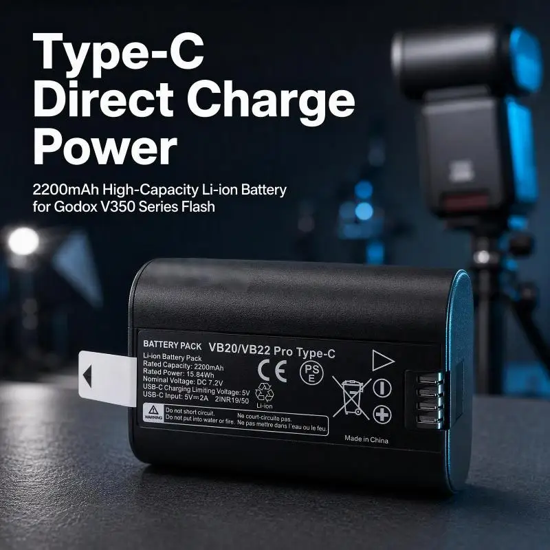 7.2V 2200mAh Type-C Rechargeable Li-ion Battery VB20 VB22, Compatible with Godox V350 V350S V350F V350C V480 Camera Speedlight