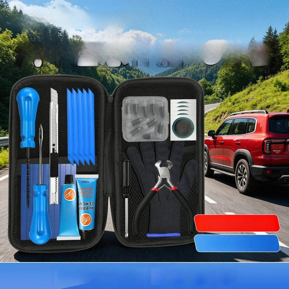 Auto Tire Repair Tool Set Vacuum Tire Repair For Vehicles Motorcycle Bike Puncture Fix Tool With High-strength Rubber Strips Kit