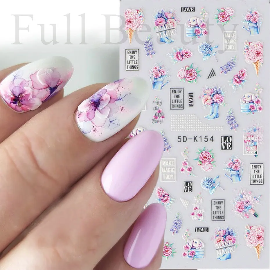 5D geprägte Blumen-Nagelaufkleber, süße Katze, Kaninchen, Tier-Schieber, Relief-Gel-Nagellack, selbstklebende Abziehbilder, Maniküre-Dekoration, SA5D-K154