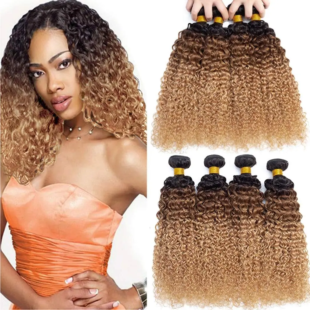 12A Kinky Curly Bundles Human Hair Weave 3/4 Bundle Ombre Natural Burmese Hair Extensions For Women 1b/30/27 Remy Blonde Weaving