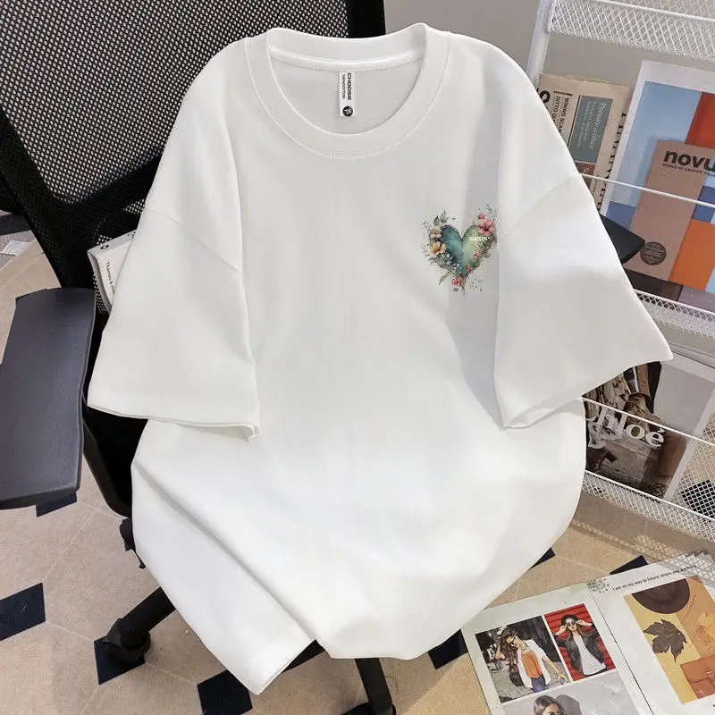 Heart-shaped Printed Women's White T-shirt Casual Sports Short-sleeved Top Summer Men and Women Surfing & Beach T-Shirts