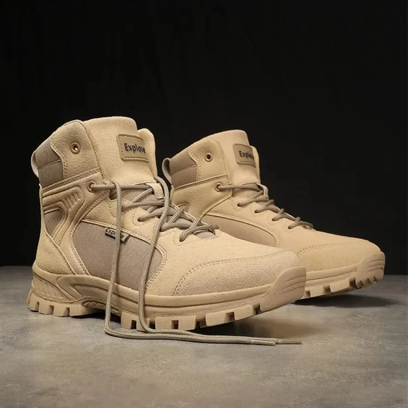 

Мужские высокие ботинки с поверхностью из искусственной кожи, плоский каблук, противоскользящая ручка, всесезонный стиль, прочные уличные ботинки для скалолазания