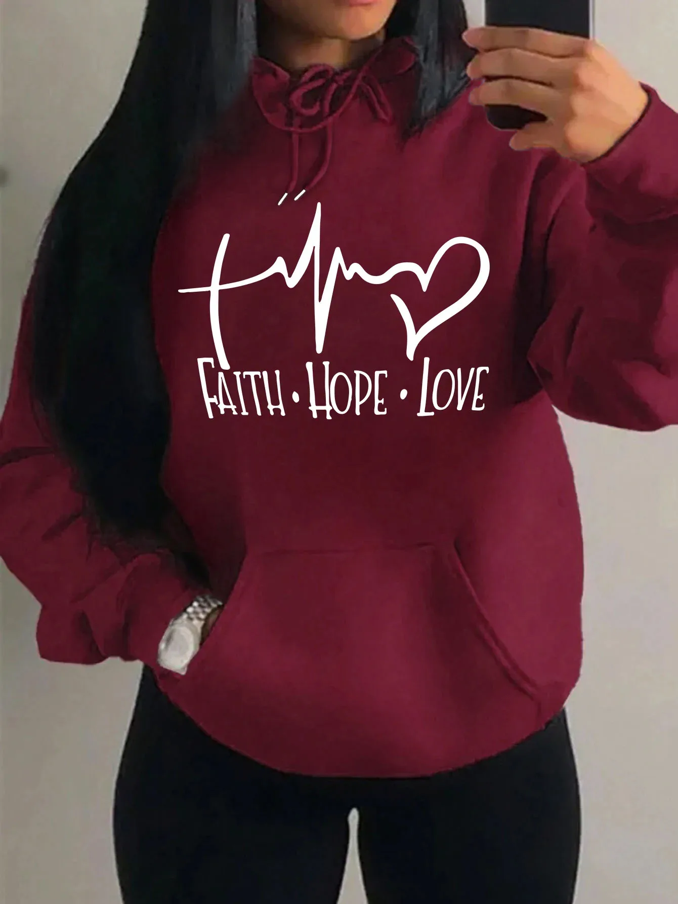Women Faith Hope Love Heartbeat Graphic Warm Hoodie Casual Long Sleeve Pullover Hooded Sweatshirt Men Tops Couple Streetwear