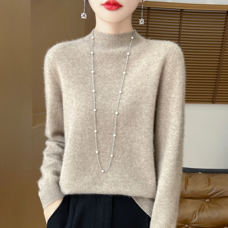 2026 100% Merino pure wool semi high neck autumn and winter pullover new cashmere sweater women's casual knitted top DMR001