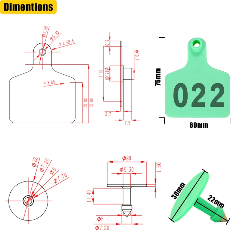 8-kolorowa plastikowa znacznik do uszu zwierząt gospodarskich, znakowana laserowo, do krów, kóz, owiec, świń, identyfikacja zwierząt, kolczyk, znacznik 001-200