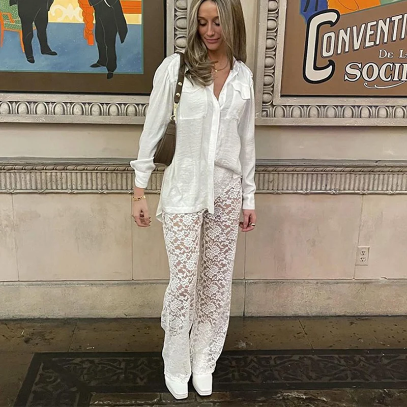 Sexy Floral Lace Perspective Straight Pants Women Solid Color High Waist Slim Fit Pants Fashion Temperament Mesh Long Pants