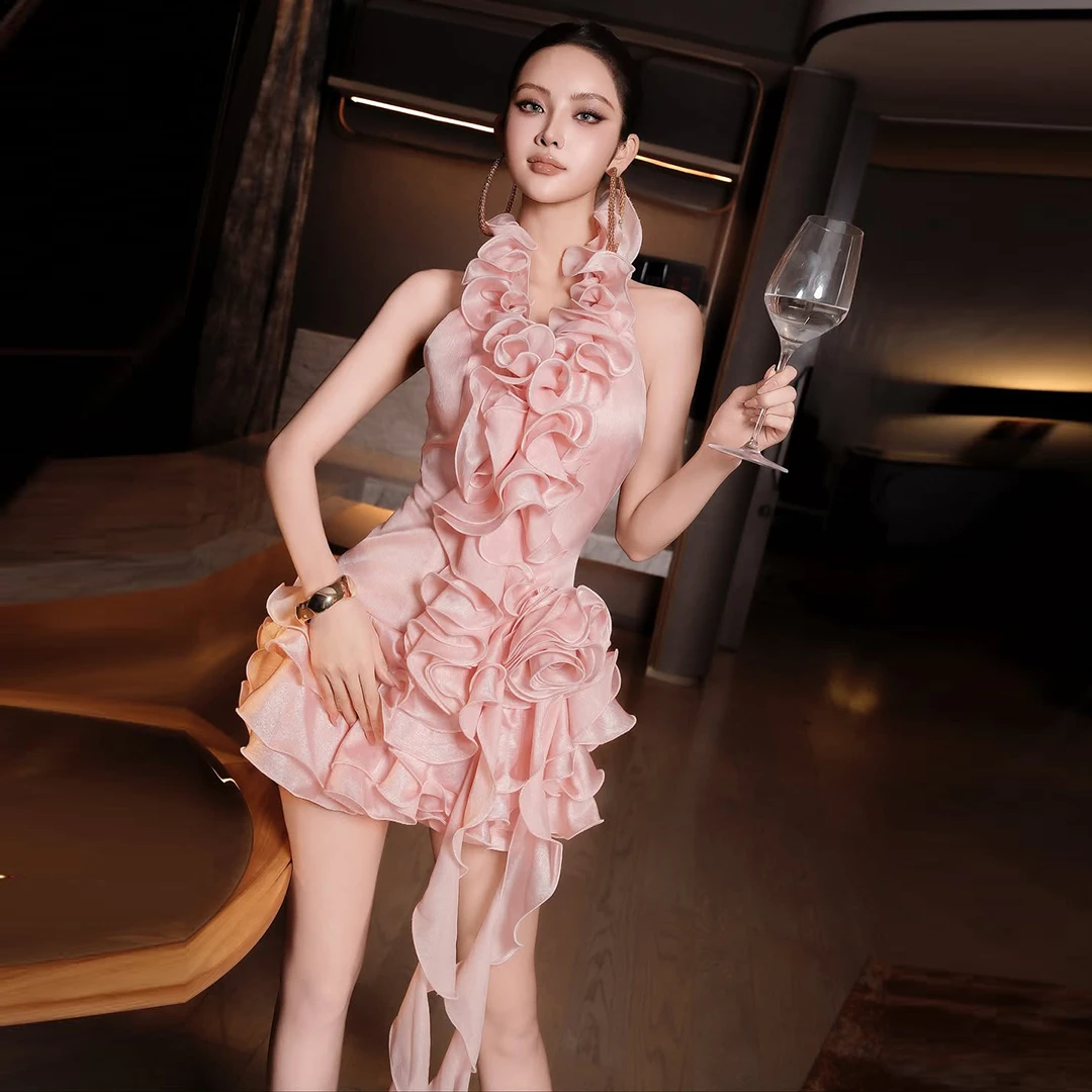 

Pretty Pink Tiered Ruffled Mini Tulle Prom Dress Halter Ruffles Evening Gowns Puffy Ruffles Couture Dresses Cocktail Party Dress