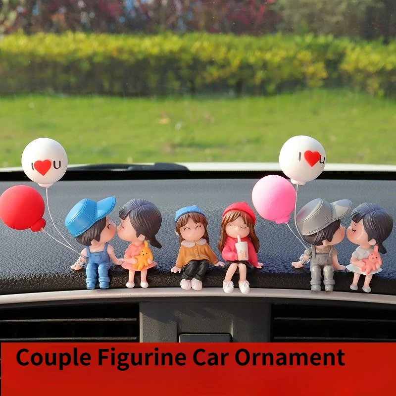 Cute Couple Figurine Car Dashboard Ornament, Mini Lover Statue with Balloon Auto Interior Decor