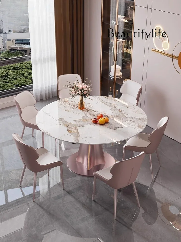 

small apartment rotating retractable multi-function folding variable round table Rock slab dining table light luxury household