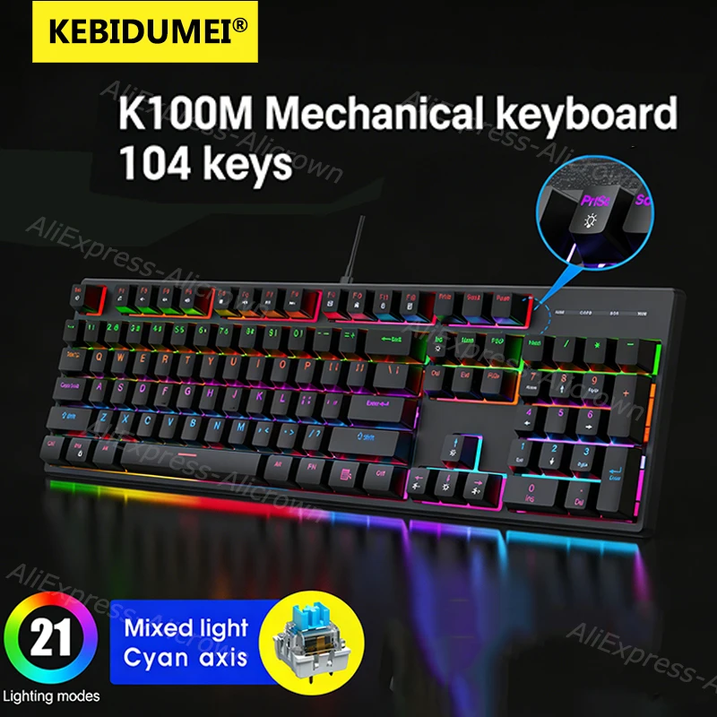 

KEBIDUMEI K104 Backlit Mechanical Keyboard Wired RGB Gaming Keyboard Cyan Axis Keycaps for PC Laptop Esports Ergonomics Keyboard