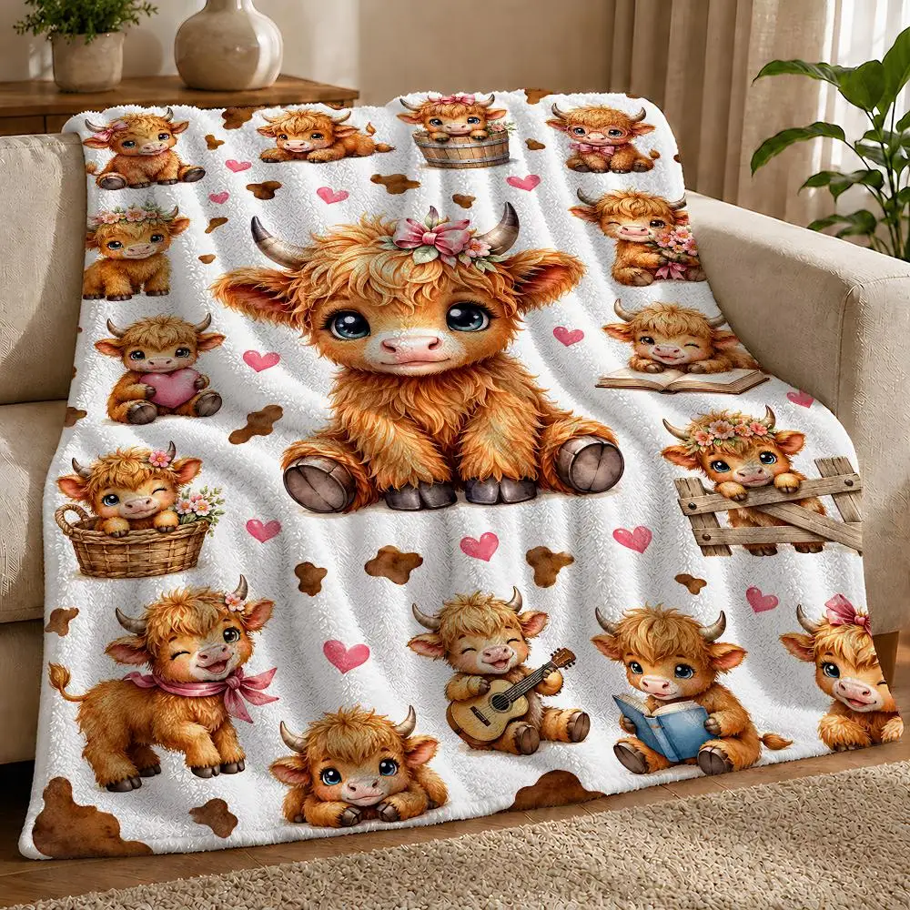 Highland Cow Set Throw 1pc Flannel Blanket Soft Lightweight Warm Cozy For Bedroom Sofa Bed