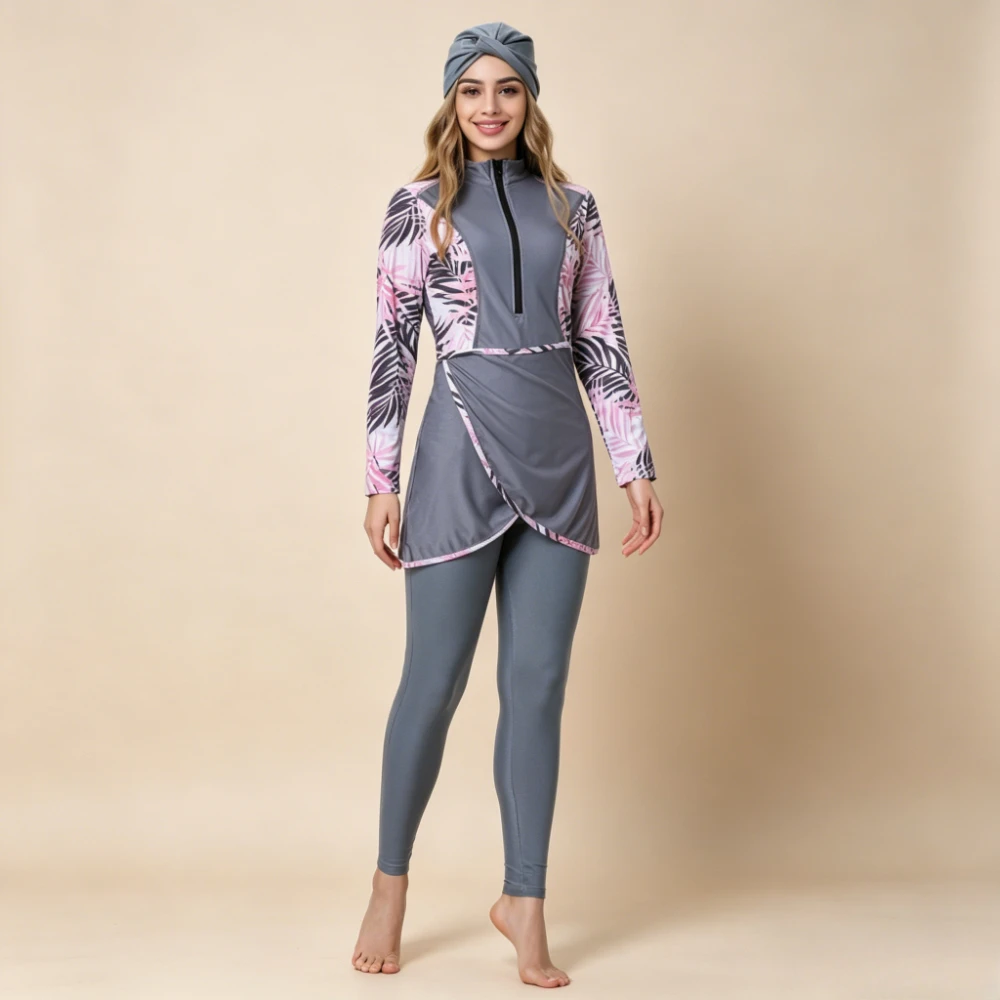 Muslim Burkini Swimsuit for Women, 3-Piece Swimwear with Hijab, Long Sleeve Printed Conservative Bathing Suit, Islamic Beachwear