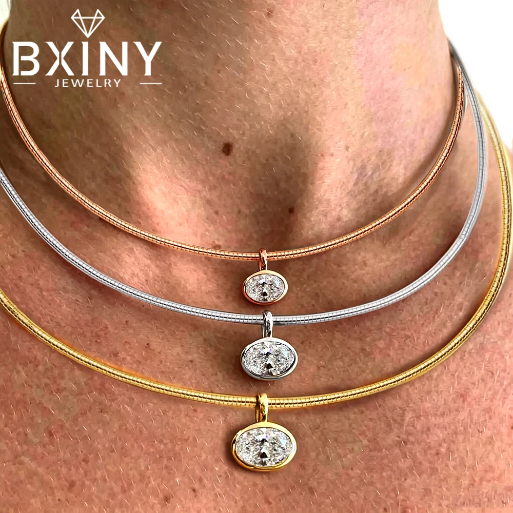Collar Gargantilla BXINY con Moissanita de Corte Oval de 2-4 Quilates, Plata S925, Engaste de Bisel, Colgante Solitario con Diamante, Joyería de Regalo