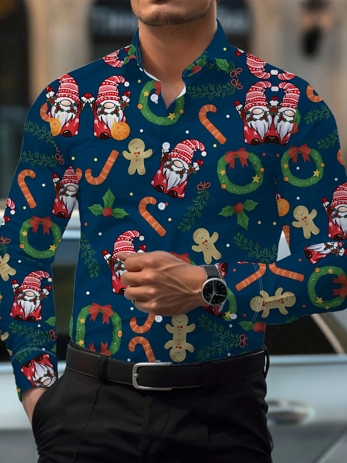 2025 قميص رجالي مطبوع عليه عصا الحلوى والزنجبيل سانتا بالكامل Btn-الجبهة غسالة قابلة للتنفس لقضاء العطلات والزفاف ​ ​