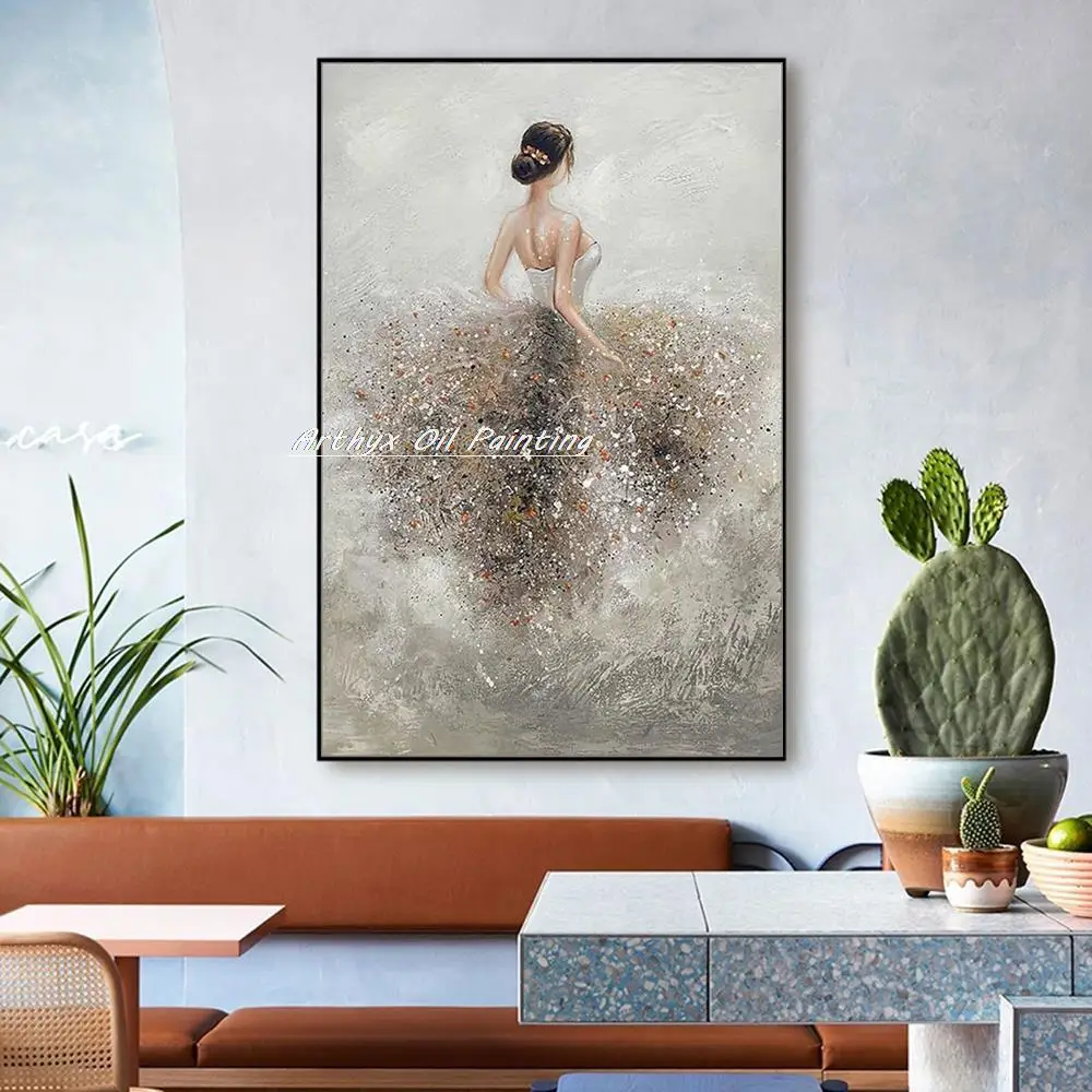 Arthyx Large Abstract Figure Oil Paintings On Canvas,Handmade Long Skirt Girl Picture Modern Wall Art For Living Room,Home Decor