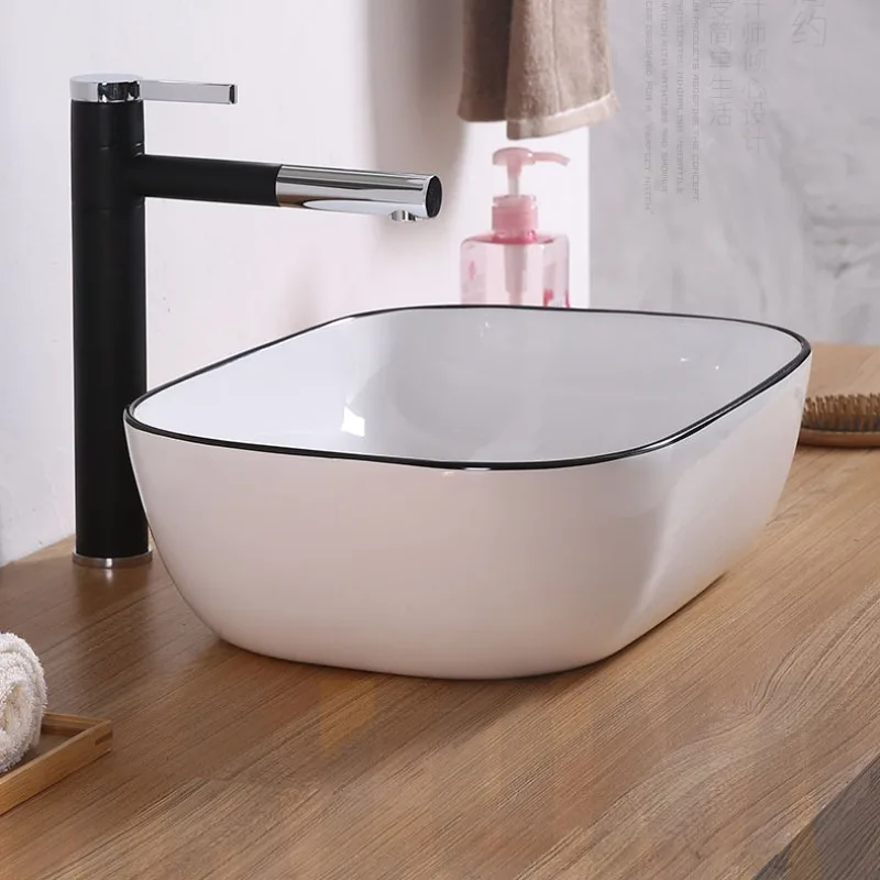 Simple White And Black Art Basin, Modern Nordic Style Basin, Home Hotel Wash Basin, Black Edge Processing