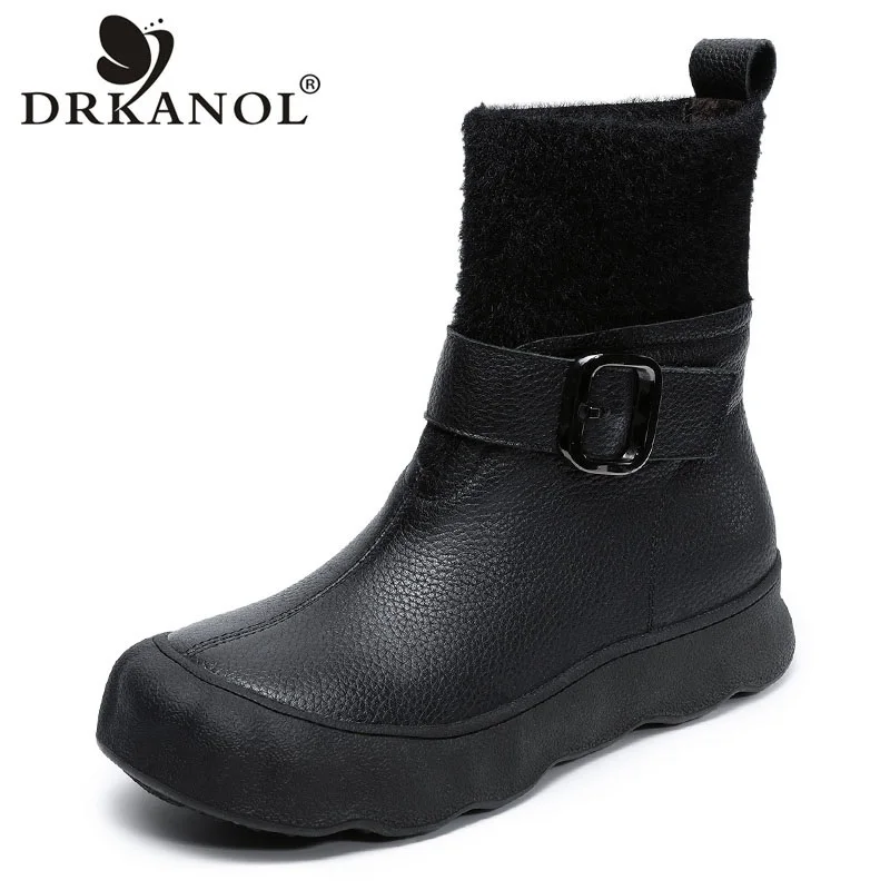 

DRKANOL Fashion Women Flat Mid Calf Boots Winter Genuine Leather Round Toe Slip On Chunky Platform Warm Socks Boots H258767Z