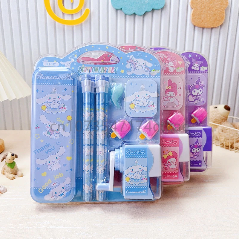 Kawaii Sanrio Kuromi Cinnamoroll My Melody Stationery Set Birthday Gift Pencil Hand-Cranked Pencil Sharpener School Supplies