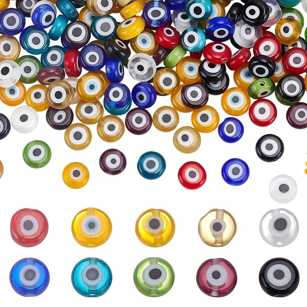 200Pcs 10 Color Lampwork Beads 6mm Flat Round Disc Spacer Beads Good Luck Turkish Greek Amulet Loose Beads Pendant for Jewelry