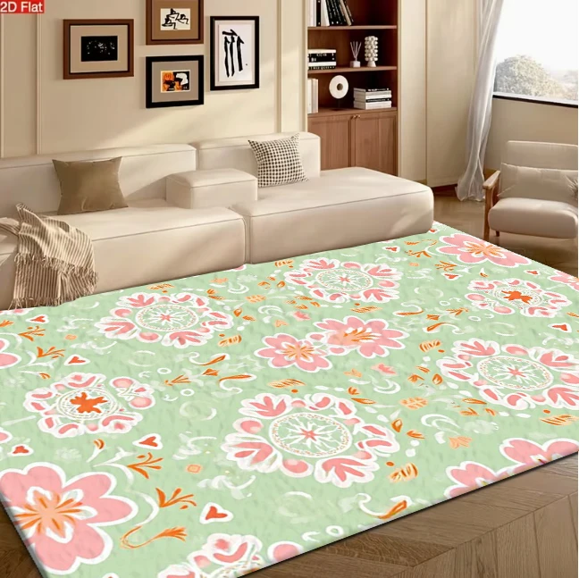 Light Mint Green Pink Orange Boho Floral Mandala Seamless Carpet Flooring, Bohemian Vintage Flower Print Area Rug for Living Room Bedroom Home Decor