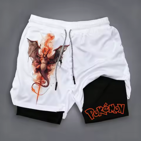 Japanese Anime Pok&eacute;mon Men's Summer 2 in 1 Shorts Charizard Designer Print Man Gym Double Deck Shorts Basketball Athletic Shorts