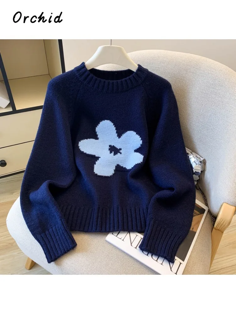 

2025 Winter Fashion Casual Round Neck Bascis Loose Female Sweater Women's Vintage Printting Knitting Long Sleeve Pullovers Top