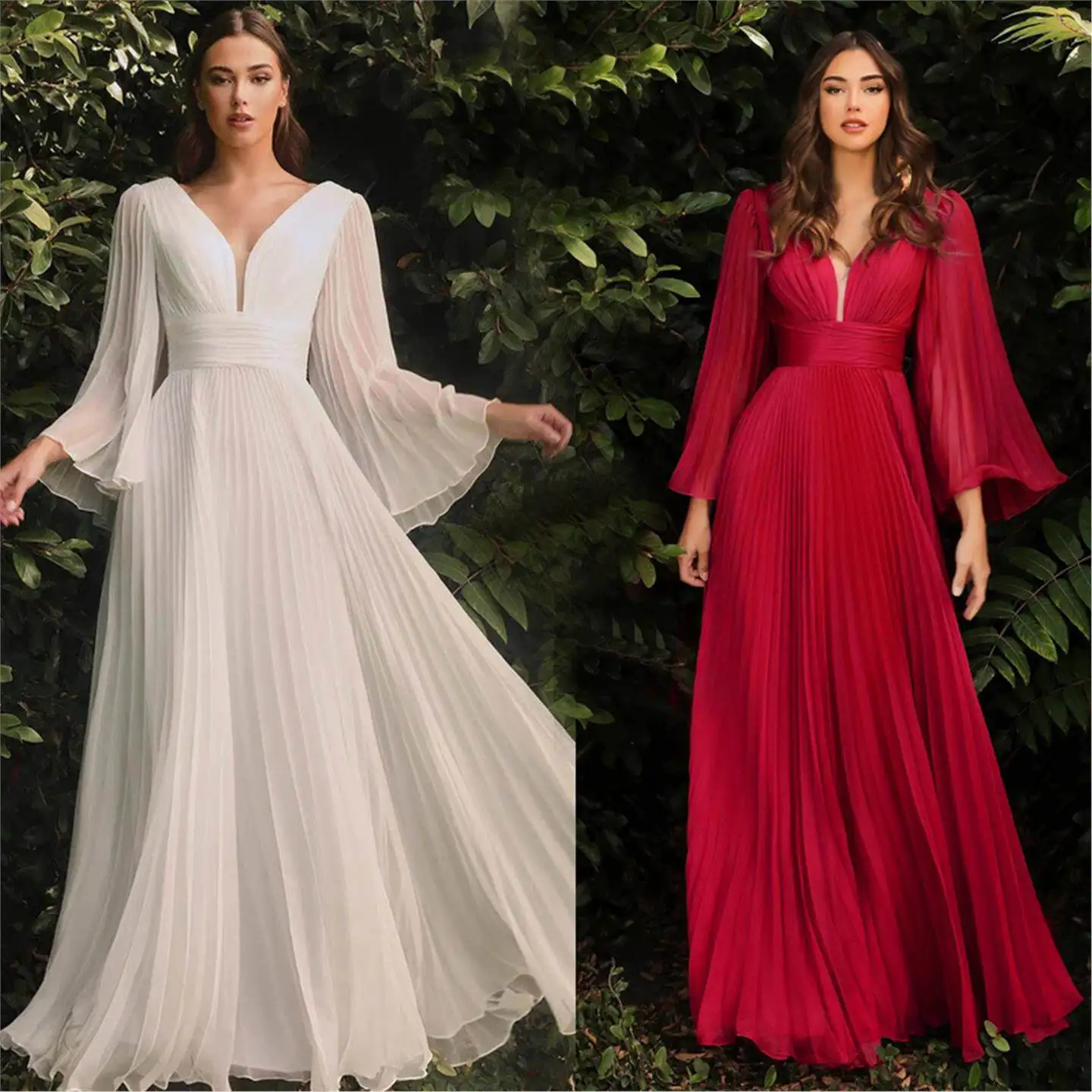 

Sexy Deep V Long Sleeve Dress Slim Fit Cross-Border New Women's Wish Fashionable Midi Dress Three-acetate Fiber Citywalk Dress
