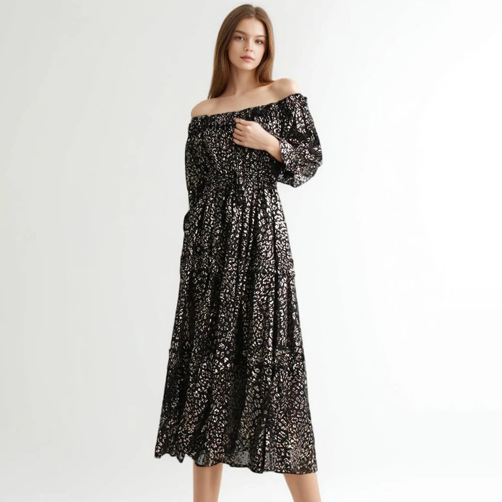 

Elegant Dress For Women Slash Neck Long Sleeve Off Shoulder Loose Waist Patchwork Ruffle Dresses Female Clothing