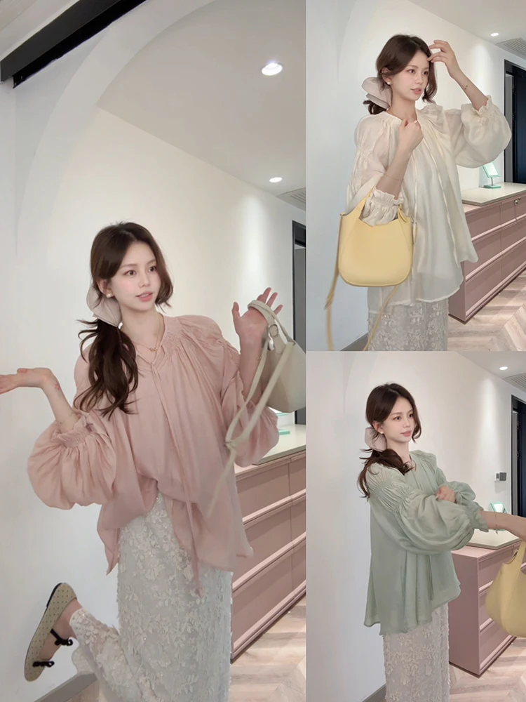 

Elegant Bubble Sleeve Loose Shirt L020 European Style Pleated Casual Spring Women's Resistant to Dirt Long Sleeve Shirt