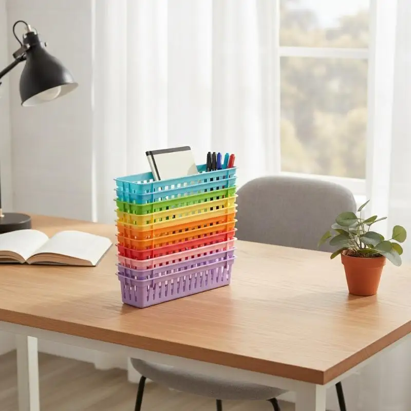 Stackable Storage Tray Colorful Plastic Pencil Basket Classroom Organizer For Pencils Crayons Small Stationery Desk Organization