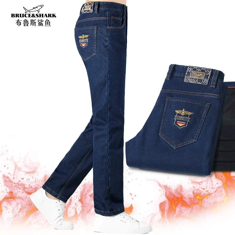 2024 Winter New Straight Leg Black Fleece Lining Jeans for Men Bruce&Shark Stretch Mid-Waist Velvet Denim Casual Mens Jeans