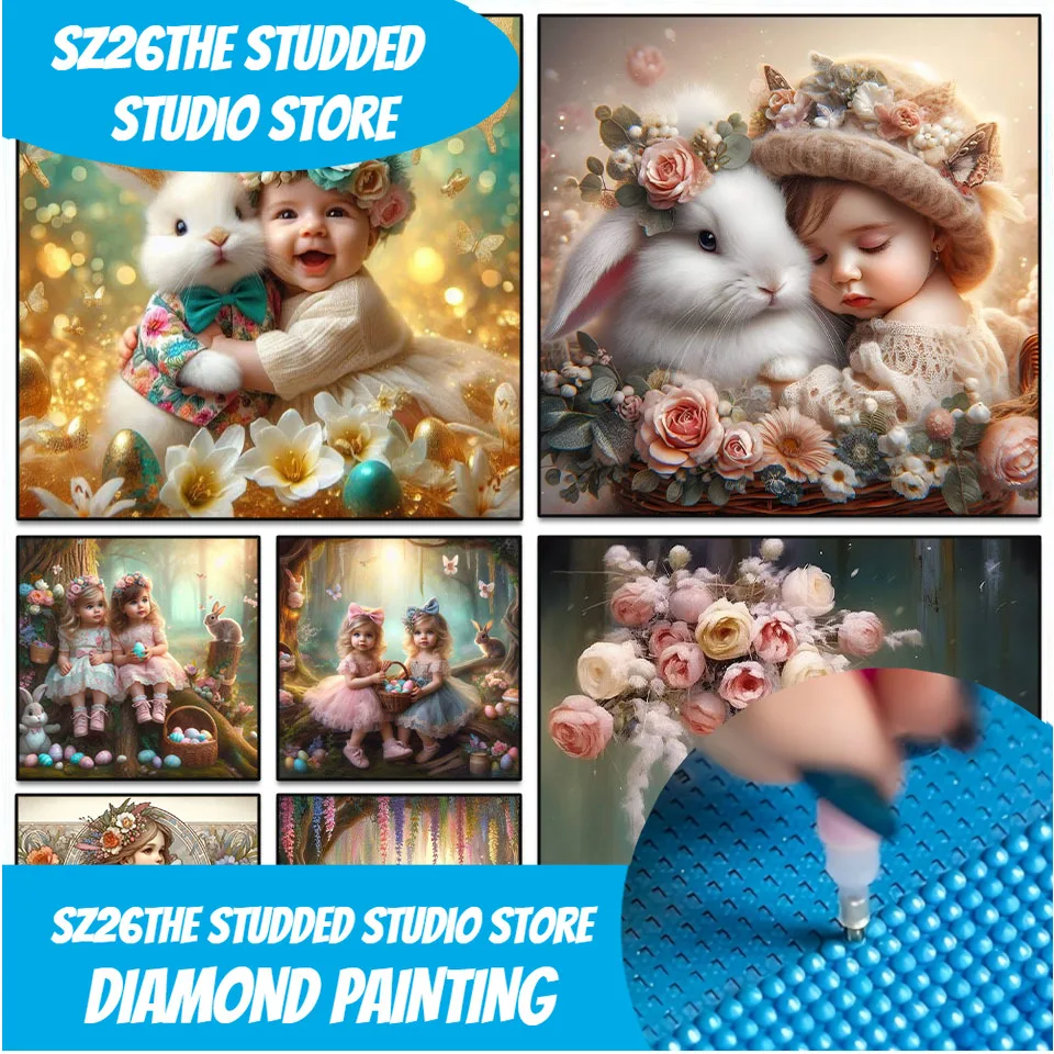 

Набор для алмазной вышивки Sz26 «Пасхальный кролик и яйца»: 5D-мозаика с полным круглым набором страз для девочек, вышивка крестом