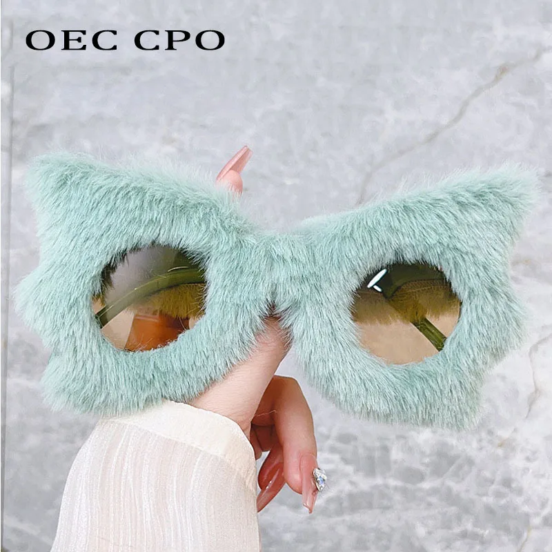 Sexy Soft Fur Sunglasses Women Fashion Multicolor Handmade Woollen Sun Glasses Female Trends Cat Eye Eyewear UV400 Oculos