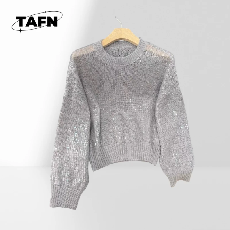 Пуловер для тяжелой промышленности с блестками, топ из 50% шерсти Haima, 14% шерсть, 36% нейлон, уютный свитер с воротником для женщин, холодная погода AI0955