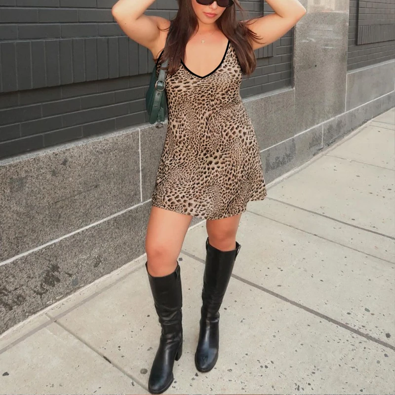 تنورة صيفية مثيرة بحمالات على شكل حرف v لعام 2025 فستان بحمالات على شكل الفهد من التوابل الأمريكية للسيدات #2