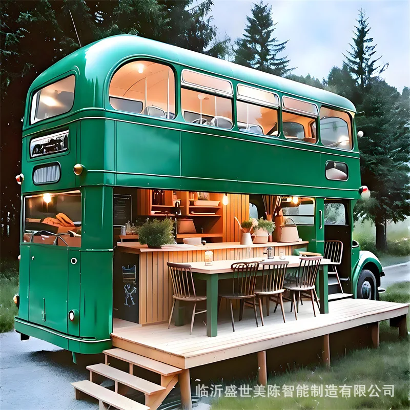 【New Design】Pink Wrought Iron Double Decker Bus Cart, Mobile Milk Tea Coffee Stall For Night Market Attraction view 2
