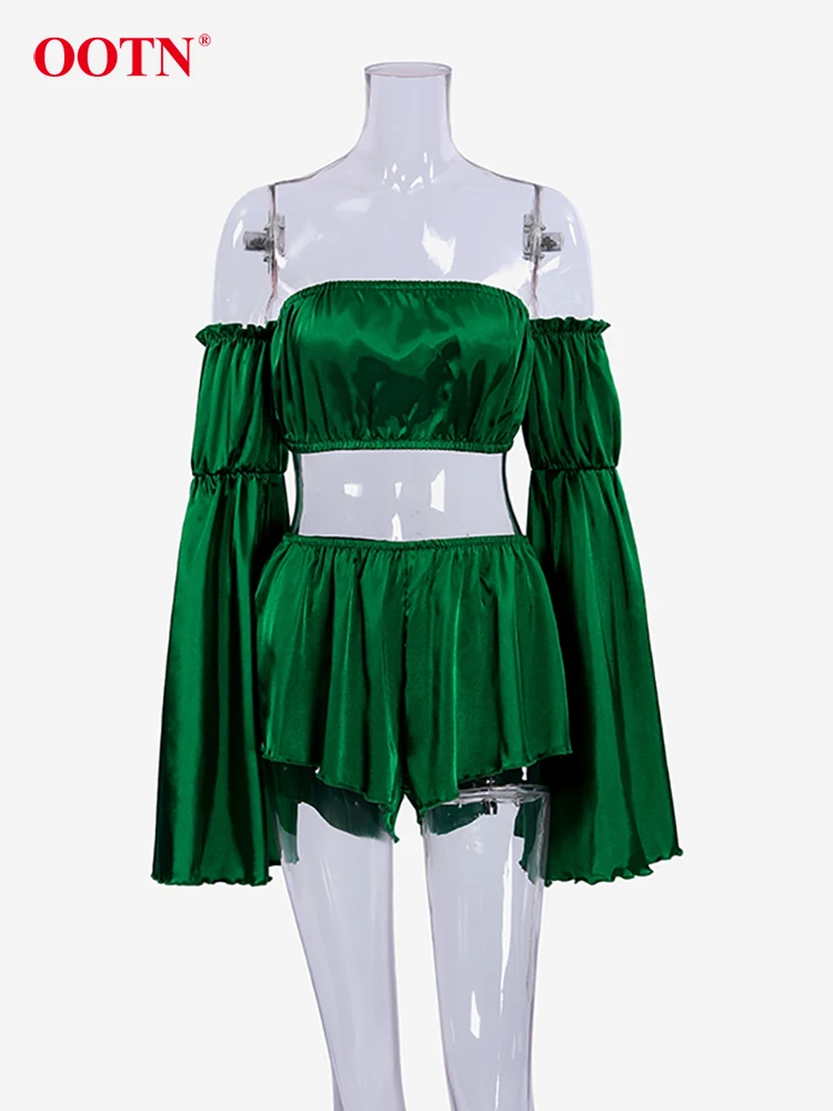 OOTN Sexy Green Off The Shoulder Tops Pajamas Spring Elastic Waist Shorts Crop Top Shirt 2 Piece 2024 Casual Nighties Sleepwear