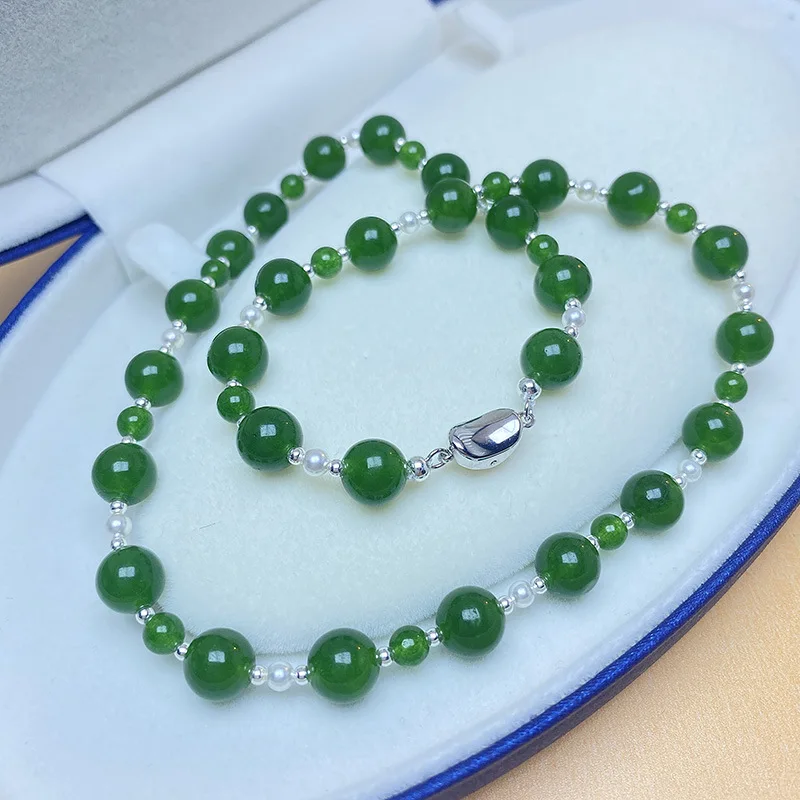 S925 Sterling Silver 7A Green Chalcedony New Chinese Pearl Special-Interest Design High-Grade Necklace Women's White Be