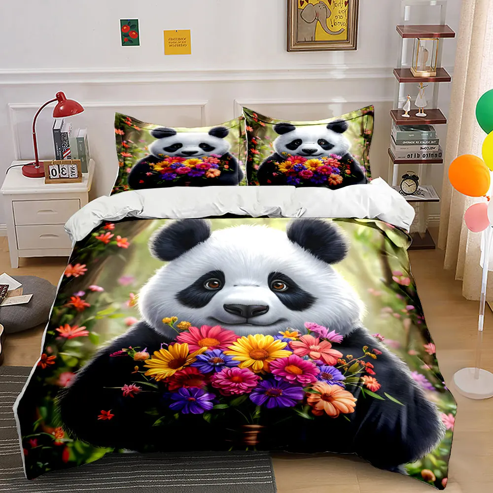 Cute Panda Holding Flowers cartoon Duvet Cover Set with 3D Printing Design Soft Polyester Bedding Set All-Season Comfort