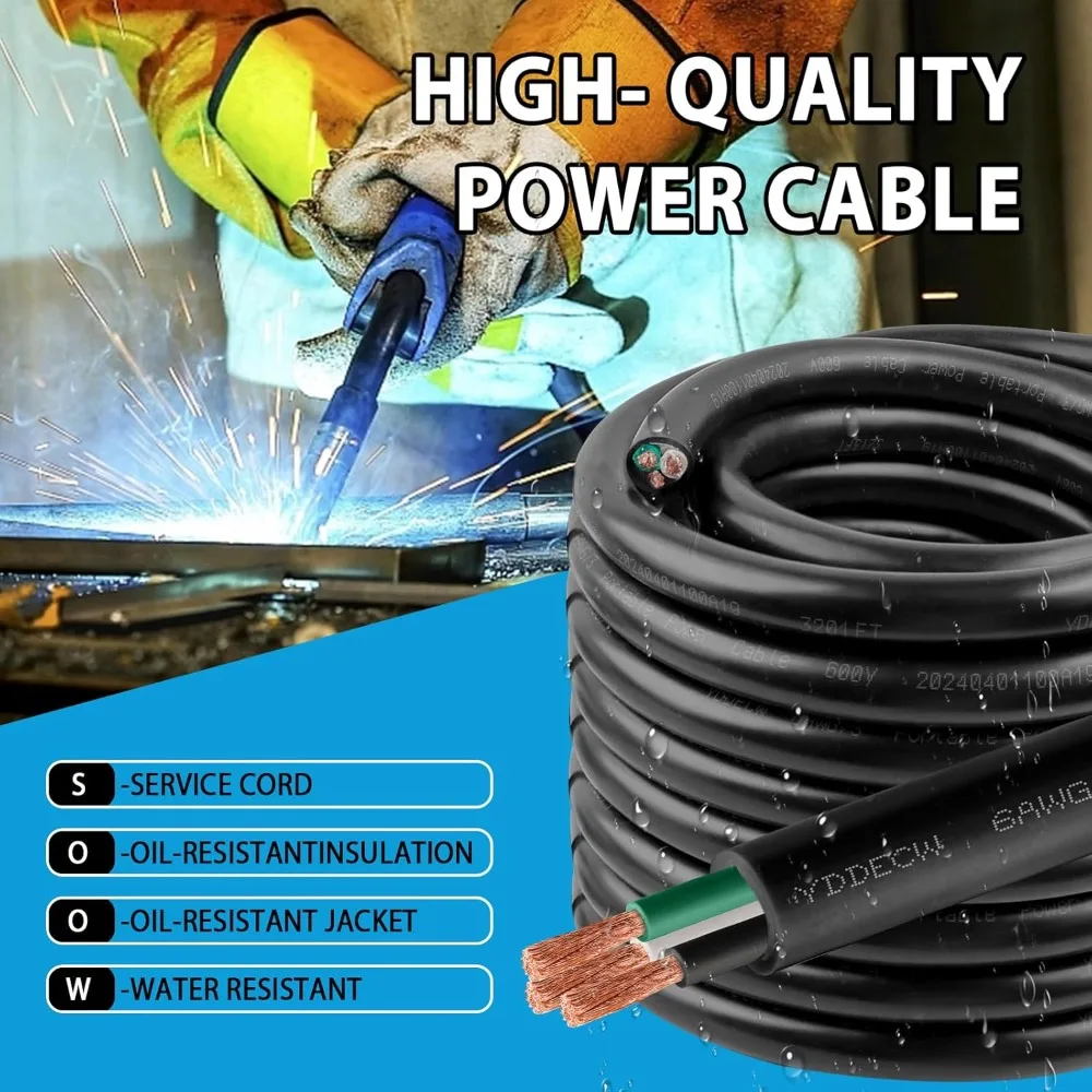 Cable 100ft Electric Wire for Motors Lights Chargers SOOW 600V 6 AWG 3 Conductor Portable Power