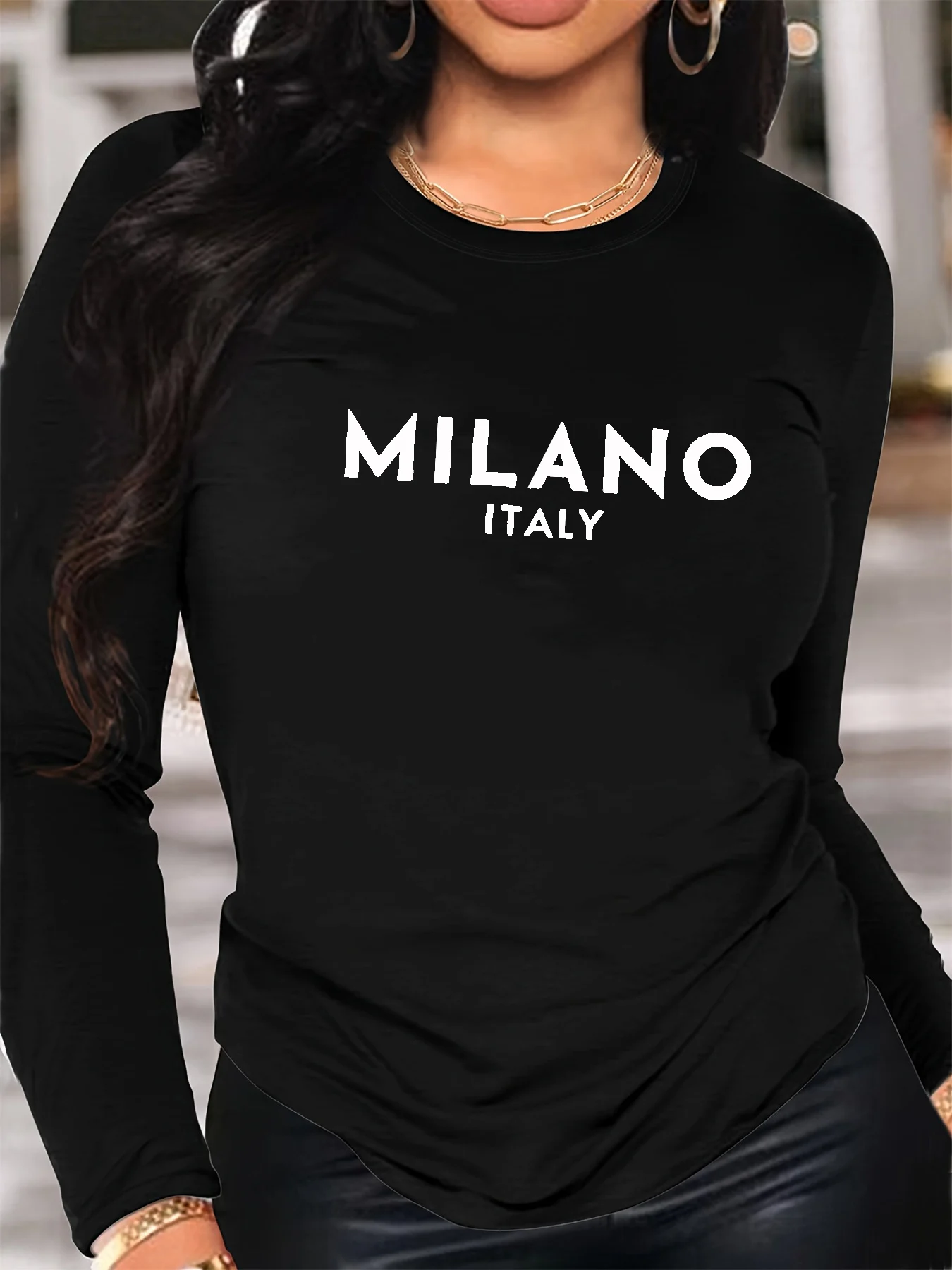 100% pure cotton women's spring and autumn comfortable casual long sleeved MILANO ITALIA pattern printed round neck T-shirt