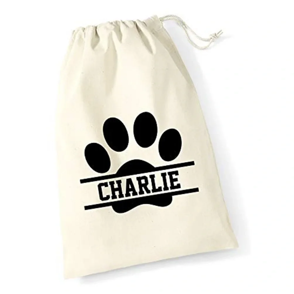 20 pcs Personalised DOG NAME Split Paw Cotton Drawstring Treat Bag With Paw Print Doggy Pooch Treats Lead Storage Travel